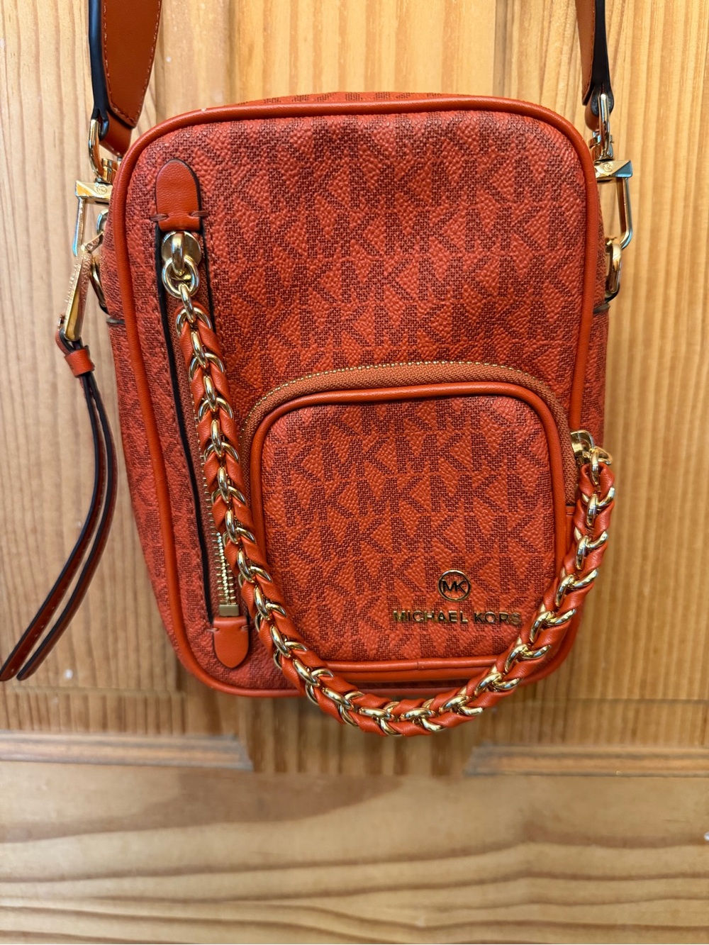 Michael Kors Orange Signature MK Crossbody with Gold Chain